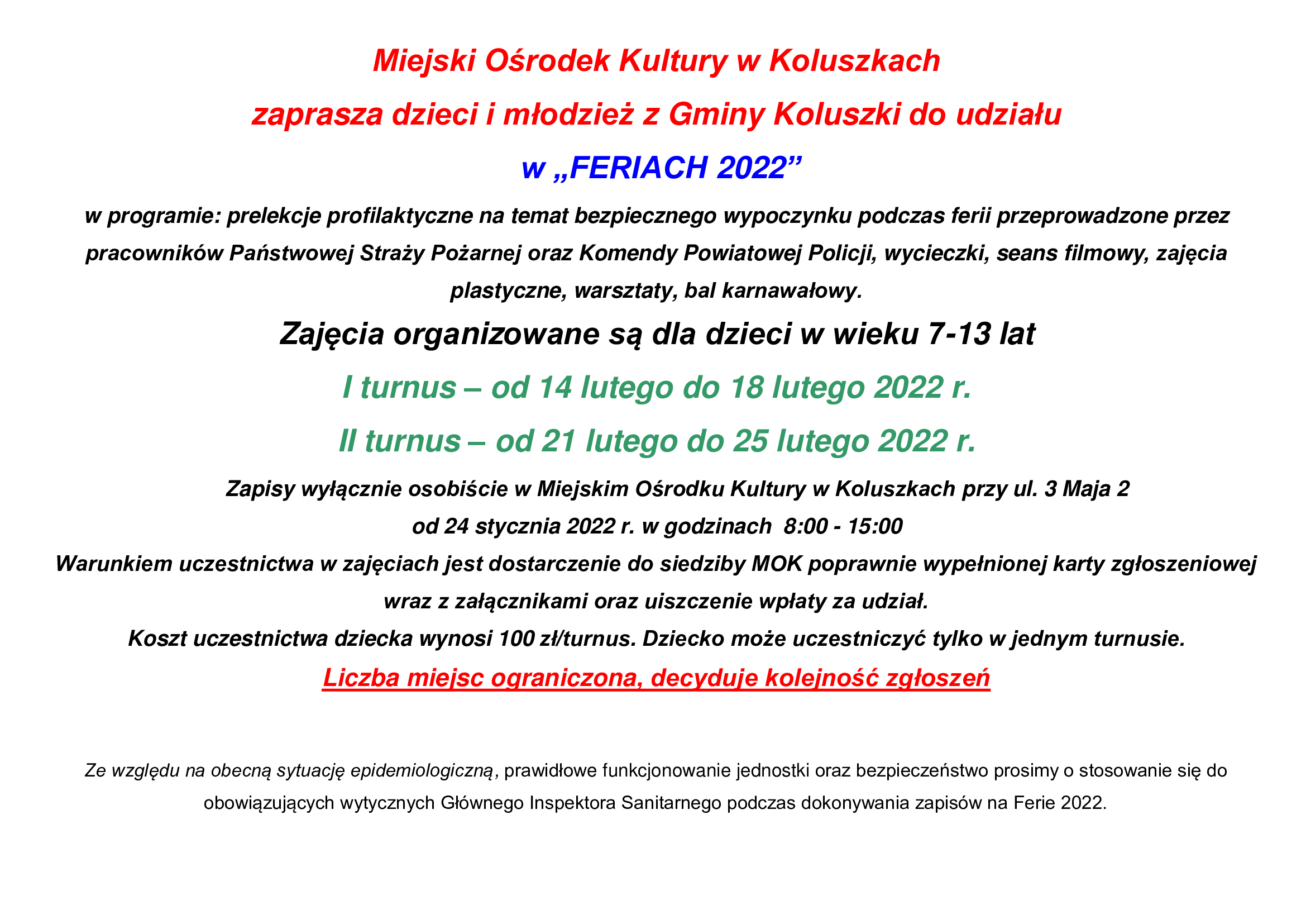 Ogłoszenie Ferie 2022