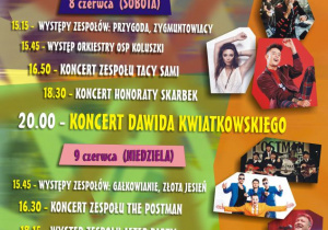 Plakat "Dni Koluszek 2019", w którym przdstawiony jest harmonogram występów artystów