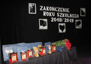 Zdjęcie statuatek oraz dyplomów dla najlepszych uczniów roku szkolnego 2018/2019