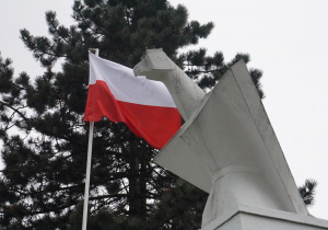 Zdjęcie pomnika Orła Białego oraz flagi