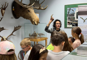 Zdjęcie przedstawia uczestników Wakacji w Mieście 2022 podczas wycieczki po muzeum w Arboretum w Rogowie